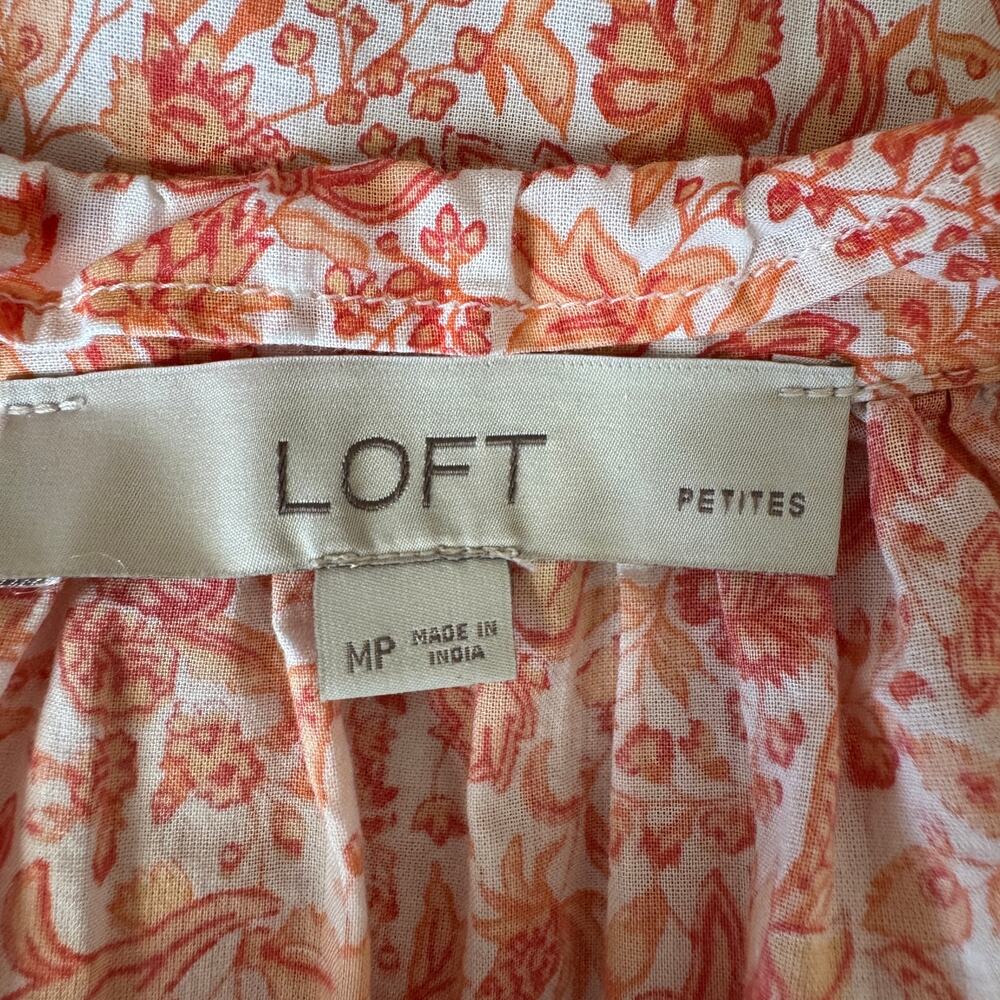 LOFT Peach Orange Floral Ruffle Neck Peasant Blouse Size Medium Petite - Picture 9 of 11